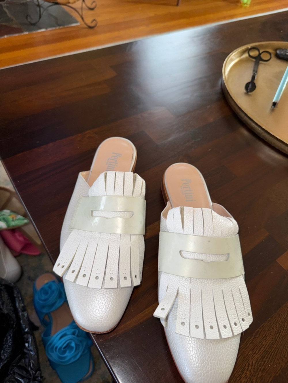 White Fringe Slip-On Mules with Patent Strap